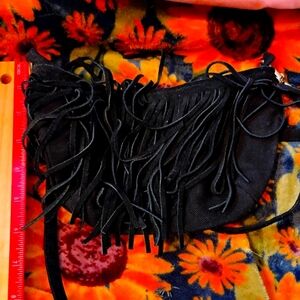 Black leather fringe pocketbook